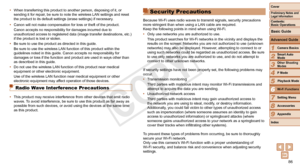 Page 8686
1
2
3
4
5
6
7
8
9
Cover
Preliminary	Notes	and	Legal	Information
Contents:		
Basic	Operations
Advanced	Guide
Camera	Basics
Smart
	Auto	Mode
Other	Shooting	Modes
P	Mode
Wi-Fi	Functions
Setting	Menu
Accessories
Appendix
Index
Basic	Guide
Playback	Mode
Cover
Advanced	Guide
6Wi-Fi	Functions
•	 When transferring this product to another person, disposing of it, or 
sending it for repair, be sure to note the wireless LAN settings and reset 
the product to its default settings (erase settings) if necessary.
•...