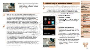 Page 9393
1
2
3
4
5
6
7
8
9
Cover
Preliminary	Notes	and	Legal	Information
Contents:		
Basic	Operations
Advanced	Guide
Camera	Basics
Smart
	Auto	Mode
Other	Shooting	Modes
P	Mode
Wi-Fi	Functions
Setting	Menu
Accessories
Appendix
Index
Basic	Guide
Playback	Mode
Cover
Advanced	Guide
6Wi-Fi	Functions
XXWhen the smartphone has been added 
successfully, the image transfer screen 
will be displayed. Proceed to “Sending 
Images” (=
  101).
•	 When you are in the vicinity of an access point that you have 
previously...