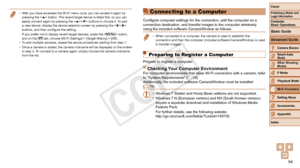 Page 9494
1
2
3
4
5
6
7
8
9
Cover
Preliminary	Notes	and	Legal	Information
Contents:		
Basic	Operations
Advanced	Guide
Camera	Basics
Smart
	Auto	Mode
Other	Shooting	Modes
P	Mode
Wi-Fi	Functions
Setting	Menu
Accessories
Appendix
Index
Basic	Guide
Playback	Mode
Cover
Advanced	Guide
6Wi-Fi	Functions
•	 After you have accessed the Wi-Fi menu once, you can access it again by \
pressing the < o> button. The recent target device is listed first, so you can 
easily connect again by pressing the < o> buttons to choose...