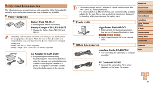 Page 8181
Optional Accessories
The following camera accessories are sold separately. Note that availability 
varies by area, and some accessories may no longer be available.
Power Supplies
Battery Pack NB-11LHzzRechargeable lithium-ion battery
Battery Charger CB-2LF/CB-2LFEzzCharger for Battery Pack NB-11LH and 
NB-11L.
• The battery pack includes a convenient cover which you can attach to kno\
w 
the charging status at a glance. Attach the cover so that  is visible on a 
charged battery pack, and attach it so...