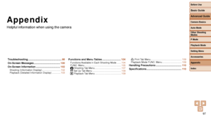 Page 9797
Appendix
Helpful information when using the camera
Troubleshooting ...............................................98
On-Screen Messages
 ..................................... 100
On-Screen Information
 .................................. 102Shooting (Information Display) ............................102
Playback (Detailed Information Display) ............. 103
Functions and Menu Tables .......................... 104Functions Available in Each Shooting Mode .......104
FUNC. Menu...