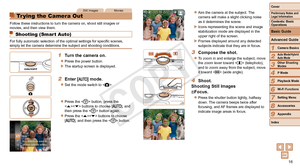 Page 1616
1
2
3
4
5
6
7
8
9
Preliminary Notes and 
Legal Information
Contents: Basic 
Operations
Advanced Guide
Camera Basics
Auto Mode/Hybrid 
Auto Mode
Other Shooting 
Modes
Playback Mode
Wi-Fi Functions
Setting Menu
Accessories
Appendix
Index P Mode
Cover 
Basic Guide
Still ImagesMovies
Tr ying the Camera Out
Follow these instructions to turn the camera on, shoot still images or 
movies, and then view them.
Shooting (Smart Auto)
For fully automatic selection of the optimal settings for specific scenes,...