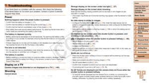 Page 156156
1
2
3
4
5
6
7
8
Preliminary Notes and 
Legal Information
Contents: Basic 
OperationsCamera Basics
Auto Mode/Hybrid 
Auto Mode
Other Shooting 
Modes
Playback Mode
Wi-Fi Functions
Setting Menu
Accessories
Index
Basic Guide
P Mode
Cover 
Advanced Guide
9Appendix
Troubleshooting
If you think there is a problem with the camera, first check the following. 
If the items below do not solve your problem, contact a Canon Customer 
Support Help Desk.
Power
Nothing happens when the power button is pressed.
•...