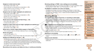 Page 157157
1
2
3
4
5
6
7
8
Preliminary Notes and 
Legal Information
Contents: Basic 
OperationsCamera Basics
Auto Mode/Hybrid 
Auto Mode
Other Shooting 
Modes
Playback Mode
Wi-Fi Functions
Setting Menu
Accessories
Index
Basic Guide
P Mode
Cover 
Advanced Guide
9Appendix
Subjects in shots look too dark.•	 Set the flash mode to [h] (=  80).
•	 Adjust brightness by using exposure compensation ( =  69).
•	 Adjust contrast by using i-Contrast ( =  71, 103).
•	 Use AE lock or spot metering (=  70).
Subjects	look	too...
