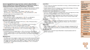 Page 160160
1
2
3
4
5
6
7
8
Preliminary Notes and 
Legal Information
Contents: Basic 
OperationsCamera Basics
Auto Mode/Hybrid 
Auto Mode
Other Shooting 
Modes
Playback Mode
Wi-Fi Functions
Setting Menu
Accessories
Index
Basic Guide
P Mode
Cover 
Advanced Guide
9Appendix
Cannot	magnify!/Cannot	play	back	this	content	in	Smart	Shuffle/
Cannot rotate/Cannot modify image/Cannot modify/Cannot assign to 
category/Unselectable
	image./No	identification	information
•	 The following functions may be unavailable for...