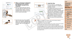 Page 2121
1
2
3
4
5
6
7
8
9
Preliminary Notes and 
Legal Information
Contents: Basic 
Operations
Advanced Guide
Camera Basics
Auto Mode/Hybrid 
Auto Mode
Other Shooting 
Modes
Playback Mode
Wi-Fi Functions
Setting Menu
Accessories
Appendix
Index P Mode
Cover 
Basic Guide
3 When a message is displayed 
prompting you to connect 
the camera, connect it to a 
computer.
zzWith the camera turned off, open the 
cover (). With the smaller plug of the 
included interface cable ( =  2) in the 
orientation shown, insert...