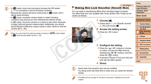 Page 5656
1
2
4
5
6
7
8
9
Preliminary Notes and 
Legal Information
Contents: Basic 
OperationsCamera Basics
Auto Mode/Hybrid 
Auto Mode
Playback Mode
Wi-Fi Functions
Setting Menu
Accessories
Appendix
Index
Basic Guide
P Mode
Cover 
3
Advanced Guide
Other Shooting 
Modes
• In [] mode, shots may look grainy because the ISO speed 
(=  71) is increased to suit the shooting conditions.
• Because the camera will shoot continuously in [] mode, hold it 
steady while shooting.
•
 In [] mode, excessive camera shake or...