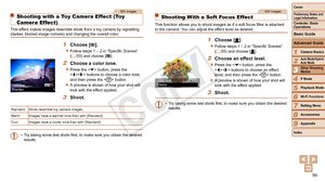 Page 5959
1
2
4
5
6
7
8
9
Preliminary Notes and 
Legal Information
Contents: Basic 
OperationsCamera Basics
Auto Mode/Hybrid 
Auto Mode
Playback Mode
Wi-Fi Functions
Setting Menu
Accessories
Appendix
Index
Basic Guide
P Mode
Cover 
3
Advanced Guide
Other Shooting 
Modes
Still Images
Shooting with a Toy Camera Effect (Toy 
Camera Effect)
This effect makes images resemble shots from a toy camera by vignetting 
(darker, blurred image corners) and changing the overall color.
1 Choose [].
zzFollow steps 1 – 2 in...