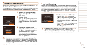 Page 11511 5
Before Use
Basic Guide
Advanced Guide
Camera Basics
Auto Mode / Hybrid 
Auto Mode
Other Shooting 
Modes
P Mode
Playback Mode
Wi-Fi Functions
Setting Menu
Accessories
Appendix
Index
Before Use
Basic Guide
Advanced Guide
Camera Basics
Auto Mode / Hybrid 
Auto Mode
Other Shooting 
Modes
P Mode
Playback Mode
Wi-Fi Functions
Setting Menu
Accessories
Appendix
Index
Formatting Memor y Cards
Before using a new memory card or a card formatted in another device, yo\
u 
should format the card with this...