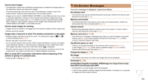 Page 140140
Before Use
Basic Guide
Advanced Guide
Camera Basics
Auto Mode / Hybrid 
Auto Mode
Other Shooting 
Modes
P Mode
Playback Mode
Wi-Fi Functions
Setting Menu
Accessories
Appendix
Index
Before Use
Basic Guide
Advanced Guide
Camera Basics
Auto Mode / Hybrid 
Auto Mode
Other Shooting 
Modes
P Mode
Playback Mode
Wi-Fi Functions
Setting Menu
Accessories
Appendix
Index
Cannot send images.•	The destination device has insufficient storage space. Increase the storage space on 
the destination device and resend...