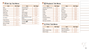 Page 151151
Before Use
Basic Guide
Advanced Guide
Camera Basics
Auto Mode / Hybrid 
Auto Mode
Other Shooting 
Modes
P Mode
Playback Mode
Wi-Fi Functions
Setting Menu
Accessories
Appendix
Index
Before Use
Basic Guide
Advanced Guide
Camera Basics
Auto Mode / Hybrid 
Auto Mode
Other Shooting 
Modes
P Mode
Playback Mode
Wi-Fi Functions
Setting Menu
Accessories
Appendix
Index
3 Set Up Tab Menu
ItemRef. Page
ItemRef. Page
Mute =
  11 2File Numbering
=  11 6
Volume =
  11 2Create Folder
=  11 6
Hints & Tips =
  11...