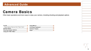 Page 1818
Before Use
Basic Guide
Advanced Guide
Camera Basics
Auto Mode / Hybrid 
Auto Mode
Other Shooting 
Modes
P Mode
Playback Mode
Wi-Fi Functions
Setting Menu
Accessories
Appendix
Index
Before Use
Basic Guide
Advanced Guide
Camera Basics
Auto Mode / Hybrid 
Auto Mode
Other Shooting 
Modes
P Mode
Playback Mode
Wi-Fi Functions
Setting Menu
Accessories
Appendix
Index
Advanced Guide
Camera Basics
Other basic operations and more ways to enjoy your camera, including sho\
oting and playback options
On/Off...