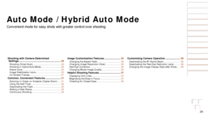 Page 2525
Before Use
Basic Guide
Advanced Guide
Camera Basics
Auto Mode / Hybrid 
Auto Mode
Other Shooting 
Modes
P Mode
Playback Mode
Wi-Fi Functions
Setting Menu
Accessories
Appendix
Index
Before Use
Basic Guide
Advanced Guide
Camera Basics
Auto Mode / Hybrid 
Auto Mode
Other Shooting 
Modes
P Mode
Playback Mode
Wi-Fi Functions
Setting Menu
Accessories
Appendix
Index
Auto Mode / Hybrid Auto Mode
Convenient mode for easy shots with greater control over shooting
Shooting with Camera-Determined Settings...