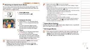 Page 2828
Before Use
Basic Guide
Advanced Guide
Camera Basics
Auto Mode / Hybrid 
Auto Mode
Other Shooting 
Modes
P Mode
Playback Mode
Wi-Fi Functions
Setting Menu
Accessories
Appendix
Index
Before Use
Basic Guide
Advanced Guide
Camera Basics
Auto Mode / Hybrid 
Auto Mode
Other Shooting 
Modes
P Mode
Playback Mode
Wi-Fi Functions
Setting Menu
Accessories
Appendix
Index
Still ImagesMovies
Shooting in Hybrid Auto Mode
You can make a short movie of the day just by shooting still images. The 
camera records 2 –...