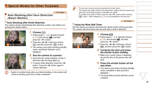 Page 4848
Before Use
Basic Guide
Advanced Guide
Camera Basics
Auto Mode / Hybrid 
Auto Mode
Other Shooting 
Modes
P Mode
Playback Mode
Wi-Fi Functions
Setting Menu
Accessories
Appendix
Index
Before Use
Basic Guide
Advanced Guide
Camera Basics
Auto Mode / Hybrid 
Auto Mode
Other Shooting 
Modes
P Mode
Playback Mode
Wi-Fi Functions
Setting Menu
Accessories
Appendix
Index
Special Modes for Other Purposes
Still Images
Auto Shooting after Face Detection  
(Smart Shutter)
Auto Shooting after Smile DetectionThe camera...