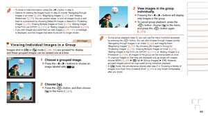 Page 6969
Before Use
Basic Guide
Advanced Guide
Camera Basics
Auto Mode / Hybrid 
Auto Mode
Other Shooting 
Modes
P Mode
Playback Mode
Wi-Fi Functions
Setting Menu
Accessories
Appendix
Index
Before Use
Basic Guide
Advanced Guide
Camera Basics
Auto Mode / Hybrid 
Auto Mode
Other Shooting 
Modes
P Mode
Playback Mode
Wi-Fi Functions
Setting Menu
Accessories
Appendix
Index
•	To show or hide information, press the < p> button in step 2.
•	 Options for viewing the images found (in step 2) include “Navigatin\
g...