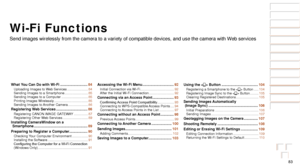 Page 8383
Before Use
Basic Guide
Advanced Guide
Camera Basics
Auto Mode / Hybrid 
Auto Mode
Other Shooting 
Modes
P Mode
Playback Mode
Wi-Fi Functions
Setting Menu
Accessories
Appendix
Index
Before Use
Basic Guide
Advanced Guide
Camera Basics
Auto Mode / Hybrid 
Auto Mode
Other Shooting 
Modes
P Mode
Playback Mode
Wi-Fi Functions
Setting Menu
Accessories
Appendix
Index
Wi-Fi Functions
Send images wirelessly from the camera to a variety of compatible device\
s, and use the camera with Web services
What You Can...
