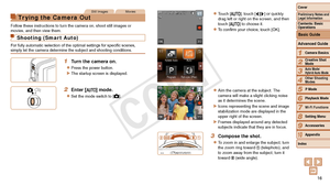 Page 1616
1
2
3
4
5
6
7
8
9
10
Cover 
Preliminary Notes and 
Legal Information
Contents: Basic 
Operations
Advanced Guide
Camera Basics
Creative Shot 
Mode
Auto Mode/ 
Hybrid Auto Mode
Other Shooting 
Modes
Playback Mode
Wi-Fi Functions
Setting Menu
Accessories
Appendix
Index P Mode
Basic Guide
Still ImagesMovies
Tr ying the Camera Out
Follow these instructions to turn the camera on, shoot still images or 
movies, and then view them.
Shooting (Smart Auto)
For	fully	automatic	selection	of	the	optimal	settings...