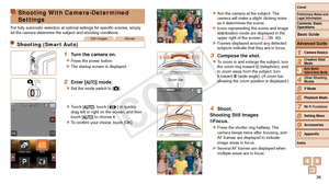 Page 3636
1
2
4
5
6
7
8
9
10
Cover 
Preliminary Notes and 
Legal Information
Contents: Basic 
OperationsCamera Basics
Creative Shot 
Mode
Other Shooting 
Modes
Playback Mode
Wi-Fi Functions
Setting Menu
Accessories
Appendix
Index
Basic Guide
P Mode
3
Advanced Guide
Auto Mode/ 
Hybrid Auto Mode
Shooting With Camera-Determined 
Settings
For	fully	automatic	selection	at	optimal	settings	for	specific	scenes,	simply	let the camera determine the subject and shooting conditions.
Still ImagesMovies
Shooting (Smart...