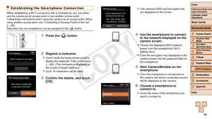 Page 8686
1
2
3
4
5
6
8
9
10
Cover 
Preliminary Notes and 
Legal Information
Contents: Basic 
OperationsCamera Basics
Creative Shot 
Mode
Auto Mode/ 
Hybrid Auto Mode
Other Shooting 
Modes
Playback Mode
Setting Menu
Accessories
Appendix
Index
Basic Guide
P Mode
7
Advanced Guide
Wi-Fi Functions
Establishing the Smartphone Connection
When establishing a Wi-Fi connection with a smartphone, you can either 
use the camera as an access point or use another access point.
Follow these instructions when using the camera...