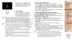 Page 8787
1
2
3
4
5
6
8
9
10
Cover 
Preliminary Notes and 
Legal Information
Contents: Basic 
OperationsCamera Basics
Creative Shot 
Mode
Auto Mode/ 
Hybrid Auto Mode
Other Shooting 
Modes
Playback Mode
Setting Menu
Accessories
Appendix
Index
Basic Guide
P Mode
7
Advanced Guide
Wi-Fi Functions
XXAfter a connection is established with 
the smartphone, the smartphone name 
is displayed on the camera. (This screen 
will close in about one minute.)
7 Import images.
zzUse the smartphone to import images 
from the...
