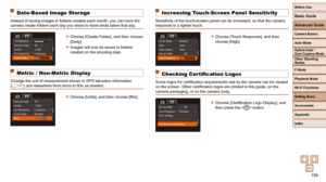 Page 158158
Before Use
Basic Guide
Advanced Guide
Camera Basics
Auto Mode
Other Shooting 
Modes
P Mode
Playback Mode
Wi-Fi Functions
Setting Menu
Accessories
Appendix
Index
Hybrid Auto / 
Dual Capture Mode
 Date-Based Image Storage
Instead of saving images in folders created each month, you can have the\
 
camera create folders each day you shoot to store shots taken that day.
 
zChoose [Create Folder], and then choose 
[Daily].
 
zImages will now be saved in folders 
created on the shooting date.
 Metric /...