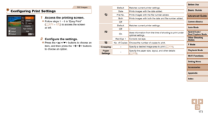 Page 173173
Before Use
Basic Guide
Advanced Guide
Camera Basics
Auto Mode
Other Shooting 
Modes
P Mode
Playback Mode
Wi-Fi Functions
Setting Menu
Accessories
Appendix
Index
Hybrid Auto / 
Dual Capture Mode
Still Images
 Configuring Print Settings
 1  Access the printing screen.
 
zFollow steps 1 – 6 in “Easy Print” 
(=  171 – 172) to access the screen 
at left.
2  Configure the settings.
 
zPress the  buttons to choose an 
item, and then press the  buttons 
to choose an option.
Default Matches current printer...