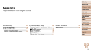 Page 182182
Before Use
Basic Guide
Advanced Guide
Camera Basics
Auto Mode
Other Shooting 
Modes
P Mode
Playback Mode
Wi-Fi Functions
Setting Menu
Accessories
Appendix
Index
Hybrid Auto / 
Dual Capture Mode
Appendix
Helpful information when using the camera
Troubleshooting .............................................183
On-Screen Messages ..................................... 188
On-Screen Information .................................. 191
Shooting (Information Display) ............................ 191
Playback...