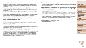 Page 187187
Before Use
Basic Guide
Advanced Guide
Camera Basics
Auto Mode
Other Shooting 
Modes
P Mode
Playback Mode
Wi-Fi Functions
Setting Menu
Accessories
Appendix
Index
Hybrid Auto / 
Dual Capture Mode
Cannot add a device/destination.• A total of 20 items of connection information can be added to the camera.\
 Erase 
unneeded connection information from the camera first, and then add new \
devices/
destinations ( =
  149).
•  Use a computer or smartphone to register Web services ( =  120).
•  To add a...