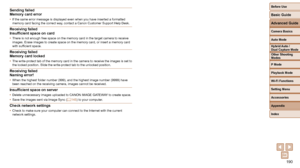 Page 190190
Before Use
Basic Guide
Advanced Guide
Camera Basics
Auto Mode
Other Shooting 
Modes
P Mode
Playback Mode
Wi-Fi Functions
Setting Menu
Accessories
Appendix
Index
Hybrid Auto / 
Dual Capture Mode
Sending failed
Memory card error
• If the same error message is displayed even when you have inserted a for\
matted 
memory card facing the correct way, contact a Canon Customer Support Help Desk.
Receiving failed
Insufficient space on card
• There is not enough free space on the memory card in the target...