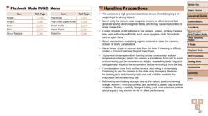 Page 201201
Before Use
Basic Guide
Advanced Guide
Camera Basics
Auto Mode
Other Shooting 
Modes
P Mode
Playback Mode
Wi-Fi Functions
Setting Menu
Accessories
Appendix
Index
Hybrid Auto / 
Dual Capture Mode
  Playback Mode FUNC. Menu
ItemRef. Page ItemRef. Page
Rotate =
  103Play Movie
=  87
Protect =
  98Play Linked Digest Movie
=  90
Erase =
  101Smart Shuffle
=  97
Print =
  171Image Search
=  92
Group Playback =
  93Slideshow
=  96
Handling Precautions
• The camera is a high-precision electronic device. Avoid...