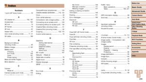 Page 206206
Before Use
Basic Guide
Advanced Guide
Camera Basics
Auto Mode
Other Shooting 
Modes
P Mode
Playback Mode
Wi-Fi Functions
Setting Menu
Accessories
Appendix
Index
Hybrid Auto / 
Dual Capture Mode
Numbers
1-point (AF frame mode) ..................... 78
A
AC adapter kit ............................ 162, 167
Accessories ....................................... 162
AE lock ................................................ 73
AF frames ............................................ 78
AF...