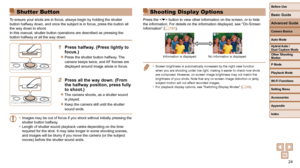 Page 2424
Before Use
Basic Guide
Advanced Guide
Camera Basics
Auto Mode
Other Shooting 
Modes
P Mode
Playback Mode
Wi-Fi Functions
Setting Menu
Accessories
Appendix
Index
Hybrid Auto / 
Dual Capture Mode
 Shutter Button
To ensure your shots are in focus, always begin by holding the shutter 
button halfway down, and once the subject is in focus, press the button \
all 
the way down to shoot.
In this manual, shutter button operations are described as pressing the \
button halfway or all the way down.
1  Press...