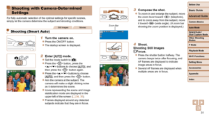 Page 3131
Before Use
Basic Guide
Advanced Guide
Camera Basics
Auto Mode
Other Shooting 
Modes
P Mode
Playback Mode
Wi-Fi Functions
Setting Menu
Accessories
Appendix
Index
Hybrid Auto / 
Dual Capture Mode
 3  Compose the shot.
 
z To zoom in and enlarge the subject, move 
the zoom lever toward < i> (telephoto), 
and to zoom away from the subject, move 
it toward  (wide angle). (A zoom bar 
showing the zoom position is displayed.)
 4 Shoot.
Shooting Still Images
Focus.
 
zPress the shutter button halfway. The...