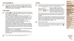 Page 3333
Before Use
Basic Guide
Advanced Guide
Camera Basics
Auto Mode
Other Shooting 
Modes
P Mode
Playback Mode
Wi-Fi Functions
Setting Menu
Accessories
Appendix
Index
Hybrid Auto / 
Dual Capture Mode
 Still Images/Movies
• If the camera is turned on while the < p> button is held down, the 
camera will no longer sound. To activate sounds again, press the 
 button and choose [Mute] on the [3] tab, and then press 
the  buttons to choose [Off].
Still Images
•   A blinking [] icon warns that images are more...