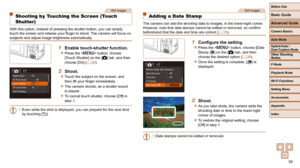 Page 3939
Before Use
Basic Guide
Advanced Guide
Camera Basics
Auto Mode
Other Shooting 
Modes
P Mode
Playback Mode
Wi-Fi Functions
Setting Menu
Accessories
Appendix
Index
Hybrid Auto / 
Dual Capture Mode
Still Images
  Shooting by Touching the Screen (Touch 
Shutter)
With this option, instead of pressing the shutter button, you can simply\
 
touch the screen and release your finger to shoot. The camera will focus on 
subjects and adjust image brightness automatically.
1  Enable touch-shutter function.
 
zPress...