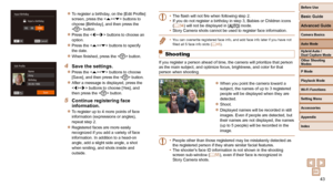 Page 4343
Before Use
Basic Guide
Advanced Guide
Camera Basics
Auto Mode
Other Shooting 
Modes
P Mode
Playback Mode
Wi-Fi Functions
Setting Menu
Accessories
Appendix
Index
Hybrid Auto / 
Dual Capture Mode
 
zTo register a birthday, on the [Edit Profile] 
screen, press the  buttons to 
choose [Birthday], and then press the 
 button.
 
zPress the  buttons to choose an 
option.
 
zPress the  buttons to specify 
the date.
 
zWhen finished, press the < m> button.
4  Save the settings.
 
zPress the  buttons to choose...