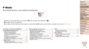Page 7171
Before Use
Basic Guide
Advanced Guide
Camera Basics
Auto Mode
Other Shooting 
Modes
P Mode
Playback Mode
Wi-Fi Functions
Setting Menu
Accessories
Appendix
Index
Hybrid Auto / 
Dual Capture Mode
Shooting in Program AE ([P] Mode) ...............72
Image Brightness (Exposure) ......................... 72
Adjusting Image Brightness 
(Exposure Compensation) .................................... 72
Locking Image Brightness / Exposure 
(AE Lock) .................................................................