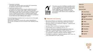 Page 139139
The camera can print to PictBridge-compatible printers 
via Wi-Fi. PictBridge technical standards make it easy 
to connect digital cameras, printers, and other devices 
directly. Additionally, a new standard called DPS 
over IP enables PictBridge connections in network 
environments, and the camera is also compatible with 
this standard.
Trademarks and Licensing
 ●Microsoft and Windows are trademarks or registered trademarks of 
Microsoft Corporation in the United States and/or other countries....