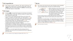 Page 2828
Before	Use
Basic	Guide
Advanced	Guide
Camera	Basics
Auto	Mode	/	Hybrid	Auto	Mode
Other	Shooting	Modes
P	Mode
Playback	Mode
Wi-Fi	Functions
Setting	Menu
Accessories
Appendix
Index
Still	Images/Movies
•	If the camera is turned on while the < p> button is held down, the 
camera will no longer sound. To activate sounds again, press the 
 button and choose [Mute] on the [3] tab, and then press 
the  buttons to choose [Off].
Still	Images
•	 A blinking [] icon warns that images are more likely to be blurred...