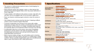 Page 111111
Before Use
Basic Guide
Advanced Guide
Camera Basics
Auto Mode
Other Shooting 
Modes
P Mode
Playback Mode
Setting Menu
Accessories
Appendix
Index
Before Use
Basic Guide
Advanced Guide
Camera Basics
Auto Mode
Other Shooting 
Modes
P Mode
Playback Mode
Setting Menu
Accessories
Appendix
Index
Specifications
Camera Effective 
Pixels	(Max.)
ELPH 150 IS IXUS 155Approx. 20 million pixels
ELPH 140 IS IXUS 150 ELPH 135 IXUS 145Approx. 16 million pixels
Lens Focal Length
ELPH 150 IS IXUS 15510x zoom: 4.3 (W) –...