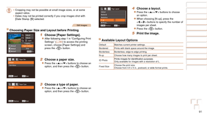 Page 9191
Before Use
Basic Guide
Advanced Guide
Camera Basics
Auto Mode
Other Shooting 
Modes
P Mode
Playback Mode
Setting Menu
Accessories
Appendix
Index
Before Use
Basic Guide
Advanced Guide
Camera Basics
Auto Mode
Other Shooting 
Modes
P Mode
Playback Mode
Setting Menu
Accessories
Appendix
Index
•	Cropping may not be possible at small image sizes, or at some 
aspect ratios.
•	 Dates may not be printed correctly if you crop images shot with 
[Date Stamp 
] selected.
Still Images
Choosing Paper Size and Layout...