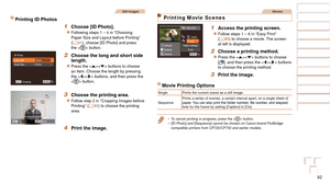 Page 9292
Before Use
Basic Guide
Advanced Guide
Camera Basics
Auto Mode
Other Shooting 
Modes
P Mode
Playback Mode
Setting Menu
Accessories
Appendix
Index
Before Use
Basic Guide
Advanced Guide
Camera Basics
Auto Mode
Other Shooting 
Modes
P Mode
Playback Mode
Setting Menu
Accessories
Appendix
Index
Still Images
Printing ID Photos
1 Choose [ID Photo].
zzFollowing steps 1 – 4 in “Choosing 
Paper Size and Layout before Printing” 
(=
  91), choose [ID Photo] and press 
the  button.
2 Choose the long and short side...