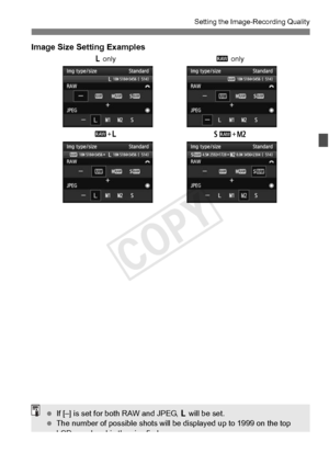 Page 119119
Setting the Image-Recording Quality
Image Size Setting Examples
3 only61
+5
1
+3 1
 only
 If [–] is set for both RAW and JPEG,  3 will be set.
  The number of possible shots will be  displayed up to 1999 on the top 
LCD panel and in the viewfinder.
COPY  