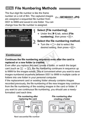 Page 158158
The four-digit file number is like the frame 
number on a roll of film. The captured images 
are assigned a sequential file number from 
0001 to 9999 and saved in one folder. You can 
change how the file number is assigned.
1Select [File numbering].
 Under the [ 51] tab, select [ File 
numbering ], then press < 0>.
2Select the file numbering method.
  Turn the < 5> dial to select the 
desired setting, then press < 0>.
Continues the file numbering sequence even after the card is 
replaced or a new...