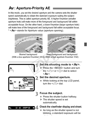Page 169169
In this mode, you set the desired aperture and the camera sets the shutter 
speed automatically to obtain the st andard exposure suiting the subject 
brightness. This is called aperture-priority AE. A higher f/ number (smaller 
aperture hole) will make more of the foreground and background fall within 
acceptable focus. On t he other hand, a lower f/number  (larger aperture hole) 
will make less of  the foreground and ba ckground fall within acceptable focus.
*  stands for Aperture value (aperture...
