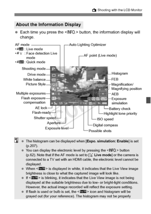 Page 203203
A Shooting with the LCD Monitor
 Each time you press the < B> button, the information display will 
change.
About the Information Display
ISO speed
Possible shots
Exposure level Aperture
Shutter speed Battery check
Exposure 
simulation
Drive mode
White balance
Flash exposure compensation
AF mode
•d : Live mode
• c : Face detection Live 
mode
• f : Quick mode AF point (Live mode)
FEBAEB
Highlight tone priority
Histogram
Multiple exposures AE lock
Flash-ready
Picture Style
Auto Lighting Optimizer...