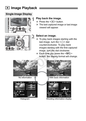 Page 246246
1Play back the image.
 Press the < x> button.
X The last captured image or last image 
viewed will appear.
2Select an image.
  To play back images starting with the 
last image, turn the < 5> dial 
counterclockwise. To play back 
images starting with the first captured 
image, turn the dial clockwise.
  Each time you press the < B> 
button, the display format will change.
x  Image Playback
Single-Image Display
No information
Histogram With basic information
Shooting information display
COPY  