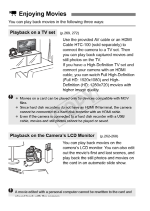 Page 260260
You can play back movies in the following three ways:Use the provided AV cable or an HDMI 
Cable HTC-100 (sold separately) to 
connect the camera to a TV set. Then 
you can play back captured movies and 
still photos on the TV.
If you have a High-Definition TV set and 
connect your camera with an HDMI 
cable, you can watch Full High-Definition 
(Full HD: 1920x1080) and High-
Definition (HD: 1280x720) movies with 
higher image quality.
You can play back movies on the 
camera’s LCD monitor. You can...