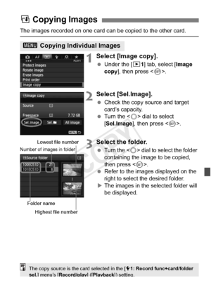 Page 277277
The images recorded on one card can be copied to the other card.
1Select [Image copy].
 Under the [ 31] tab, select [Image 
copy ], then press < 0>.
2Select [Sel.Image].
  Check the copy source and target 
card’s capacity.
  Turn the < 5> dial to select 
[Sel.Image ], then press < 0>.
3Select the folder.
  Turn the < 5> dial to select the folder 
containing the image to be copied, 
then press < 0>.
  Refer to the images displayed on the 
right to select the desired folder.
X The images in the...